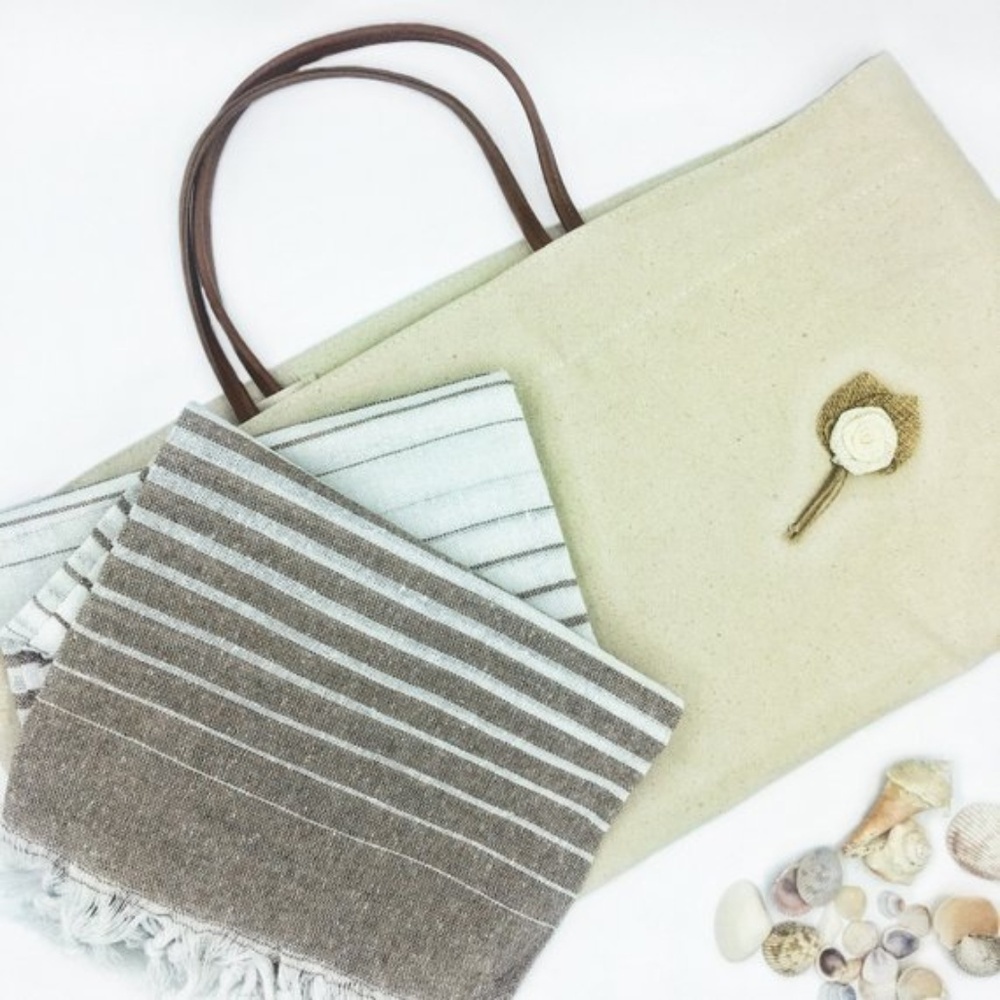 Neutral Cotton Tote w/ Burlap Flower Pin Bag & Peshtemal Travel Set NEW